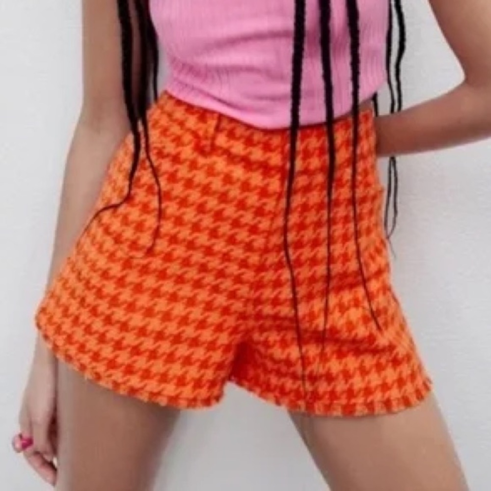 Zara Orange Tweed Houndstooth Shorts